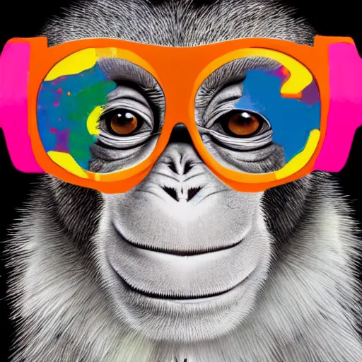 Prompt: portrait of a monkey with vr glasses from the side, painted with paint splattered, high detailed, painting, concept art, trending on art station, digital art, 4 k