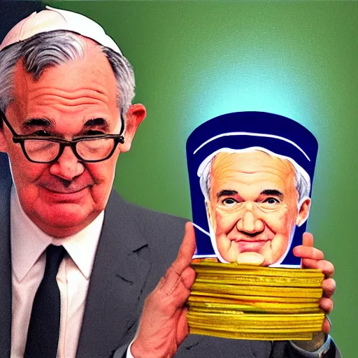 Image similar to pope jerome powell, wearing the pope hat, holding wad of money, patron saint of money printers, illuminated by the light of heaven, 8k, 4k, oil painting, award winning portrait of his holiness jerome powell, masterpiece