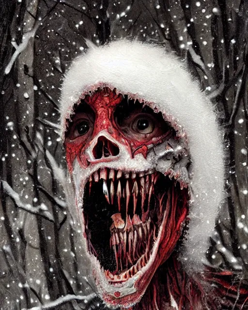 Image similar to Horrifying detailed painting of a pale, emaciated humanoid creature. It has sharp teeth and claws with pale milky eyes; snow, woods, blood; dark cinematic lighting, hyper detailed, moody; painted by Greg Rukowtski