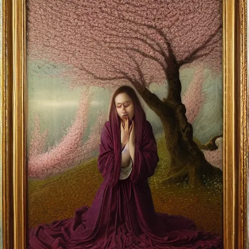 Image similar to a crying woman in a white gown kneeling at a beautiful shrine under a cherry blossom tree, rainy wet, ultradetailed, hd 8 k, agostino arrivabene, oil on canvas, detailed brushstrokes