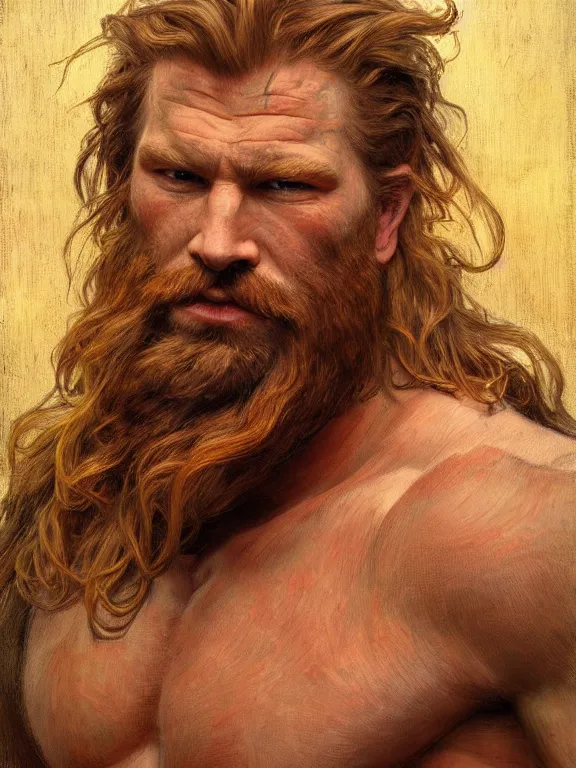 Image similar to painted portrait of rugged thor, god of thunder, norse god, red hair, masculine, mature, handsome, upper body, red and gold, muscular, hairy torso, fantasy, intricate, muscular, elegant, highly detailed, digital painting, artstation, concept art, smooth, sharp focus, illustration, art by gaston bussiere and alphonse mucha