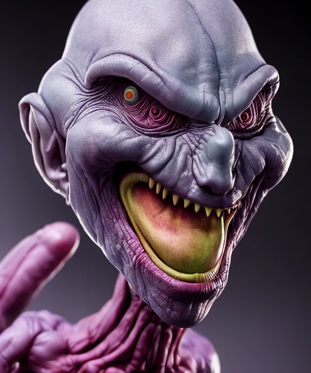 Prompt: hyperrealistic rendering, grey alien, by art of skinner and richard corben and jeff easley, product photography, action figure, sofubi, studio lighting, colored gels