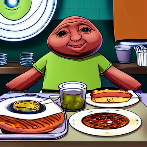 Image similar to fat e. t in a diner with a table full of plates with leftovers, photorealistic