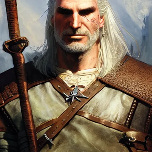 Image similar to geralt of rivia spring light, painting by aramaki, shinji, craig mullins, j. c. leyendecker