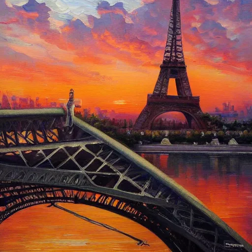 Prompt: the Eiffel Tower at sunset, trending on art-station, oil painting, busy