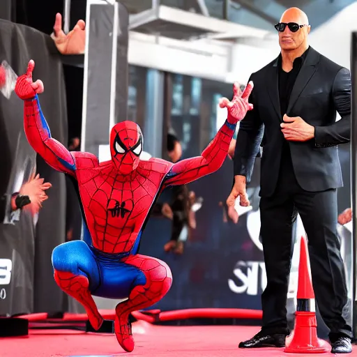 Image similar to dwayne johnson entrance scene wearing spiderman costumes