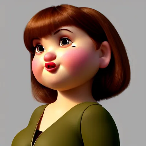 Image similar to A portrait of a plump woman, a cute 3d cgi toon woman with brown hair in a Bob, no bangs, brown eyes, full face, olive skin, romanian heritage, medium shot, mid-shot, hyperdetailed, 8k, trending on artstation, as a Pixar character