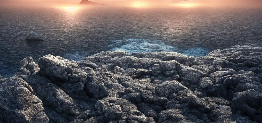 Image similar to octane render uhd, 8 k art photography, filmic lighting, cinematic art shot, hyperrealistic, hyperdetailed, super detailed, 8 k, high resolution, vast dark granite landscape with mysterious strangle glowing crystalline structure made of white rocks in the far distance, particle simulation, painting by ross tran and ivan aivazovsky, black water, sunset