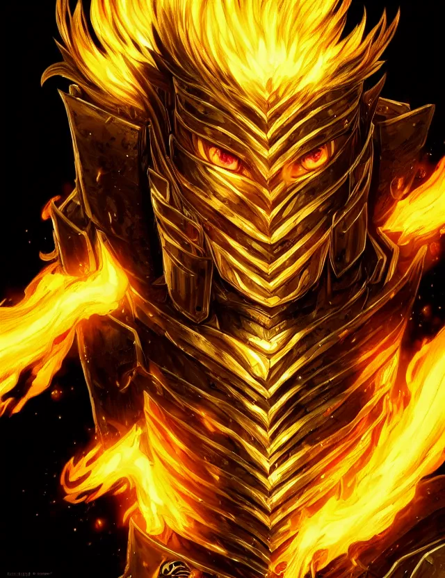 Image similar to a detailed manga portrait of a black haired man with hazel eyes in gleaming golden armour that burns with golden fire, trending on artstation, digital art, 4 k resolution, detailed, high quality, sharp focus, hq artwork, coherent, insane detail, character portrait