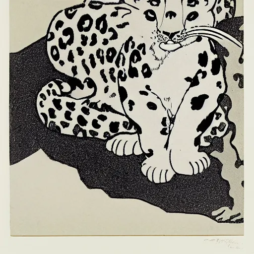 Image similar to A snow leopard smoking a pipe, woodblock print, by Aubrey Beardsley