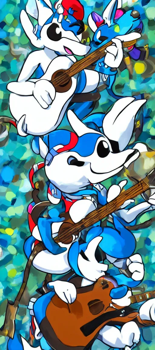 Prompt: K.K Slider playing guitar at a concert with lucario, portrait full body, digital art, high quality, detailed, beautiful colors, mesmerizing