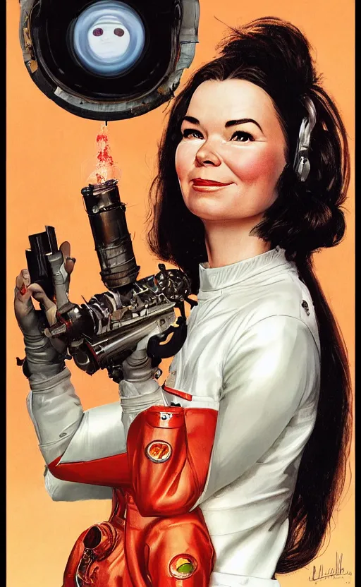 Image similar to head and shoulders portait of bjork holding a retro ray gun and wearing an unpleasant leather spacesuit on Mars by norman rockwell and darek zabrocki