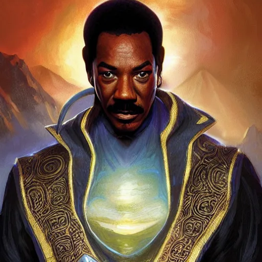 Image similar to eddie murphy as teferi, in the style of magic the gathering, glacier landscape, d & d, fantasy, intricate, elegant, highly detailed, digital painting, artstation, concept art, matte, sharp focus, illustration, art by artgerm and greg rutkowski and alphonse mucha