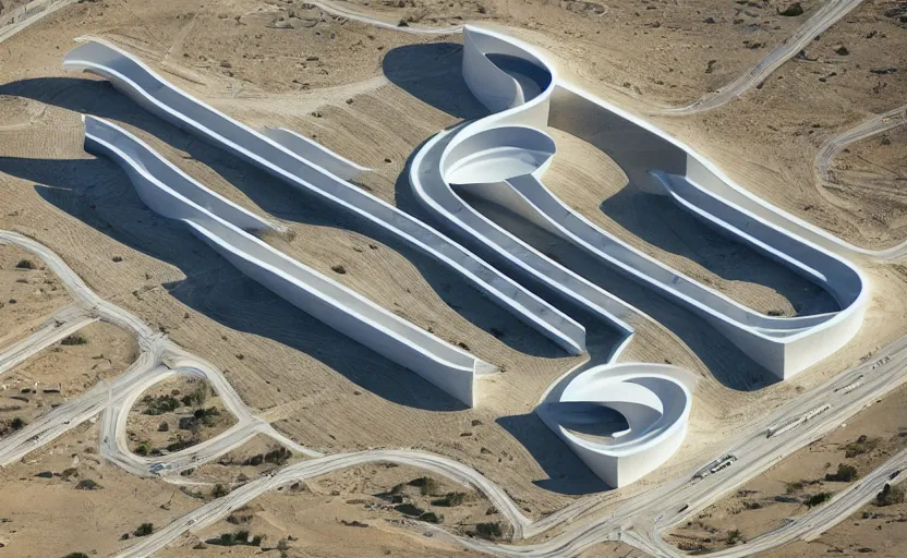 Prompt: parametric structure, medical complex, in the desert beside the gulf, view from above, design by bruce wayne, dezeen, architectural photography