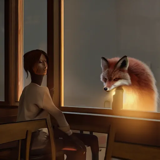 Image similar to beautiful humanoid fox detective in an restaurant, hyperrealism, moonlight through window. fine art, masterpiece 3 d render, octane render, 4 k