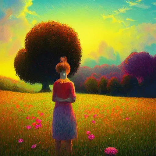 Prompt: girl with one flower afro, standing in a field with flowers, hills, big trees, sunrise dramatic light, impressionist painting, colorful clouds, digital painting, pointillism, artstation, simon stalenhag