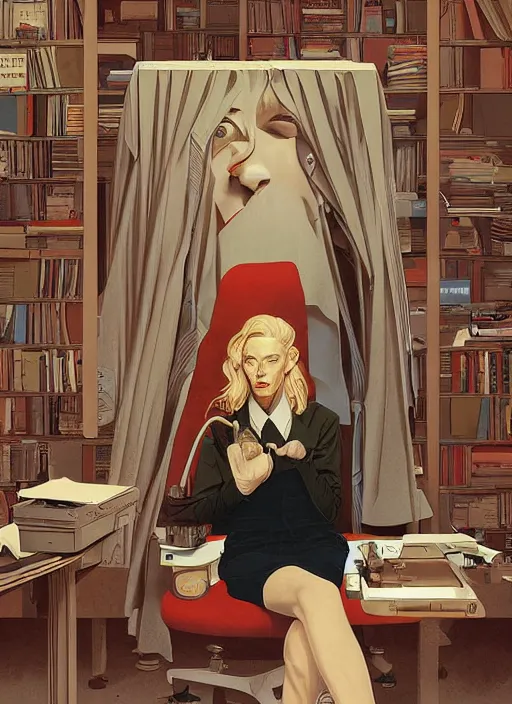 Image similar to Twin Peaks poster artwork by Michael Whelan, Bob Larkin and Tomer Hanuka, Karol Bak of portrait of radio host Tilda Swinton hanging out in her studio radio sound booth, from scene from Twin Peaks, simple illustration, domestic, nostalgic, from scene from Twin Peaks, clean, cover of New Yorker magazine