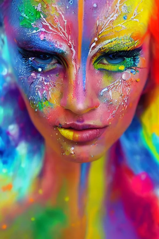 Prompt: hyper - realistic portrait of a gorgeous girl with vibrant colorful face paint, smooth skin, porcelain skin, photorealism, intricate details, fantasy, volumetric lighting, bokeh background of colorful paint splash, painters dream, artstation, 4 k, 8 k