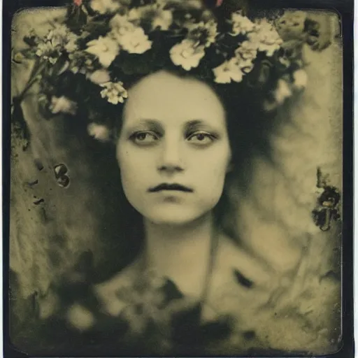 Image similar to portrait of a beautiful woman corpse covered in flowers, 1910 polaroid photography,