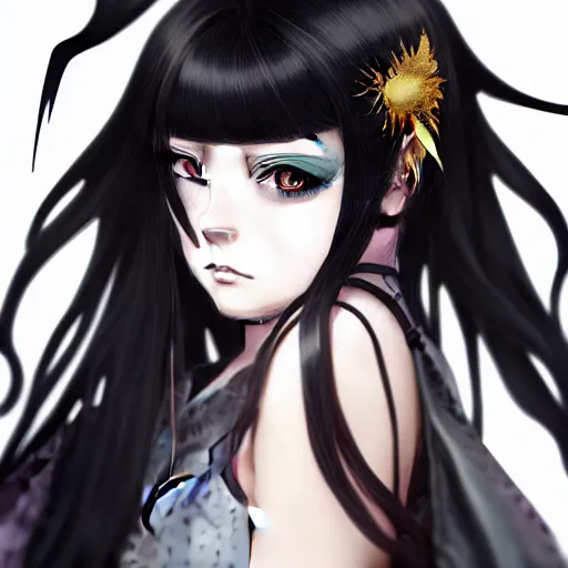 Prompt: front-facing headshot of a young gothic anime woman with black hair and golden highlights, wearing pretty makeup, drawn by WLOP, by Avetetsuya Studios, anime portrait, trending on artstation