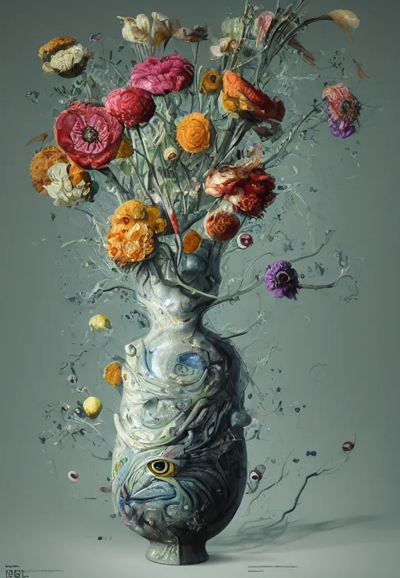 Prompt: biomorphic painting of a vase with flowers and eyeballs, au naturel, hyper detailed, melting plastic, trending in artstation, cinematic lighting, studio quality, smooth render, unreal engine 5 rendered, octane rendered, art style by dorothea tanning and marco mazzoni and ian sprigger and wlop and krenz cushart