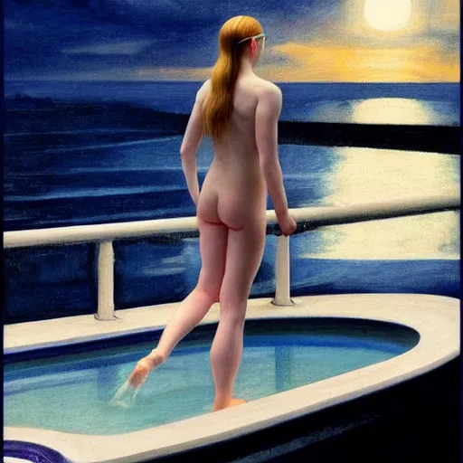 Image similar to Elle Fanning swimming at night in the world of Edward Hopper, stormy snowy weather, extremely detailed masterpiece, oil on canvas, low-key neon lighting, artstation, Blade Runner 2049, Roger Deakin’s cinematography, by J. C. Leyendecker and Peter Paul Rubens,