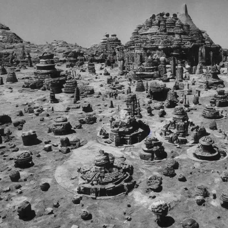 Prompt: old photo of surreal alien temple on exoplanet