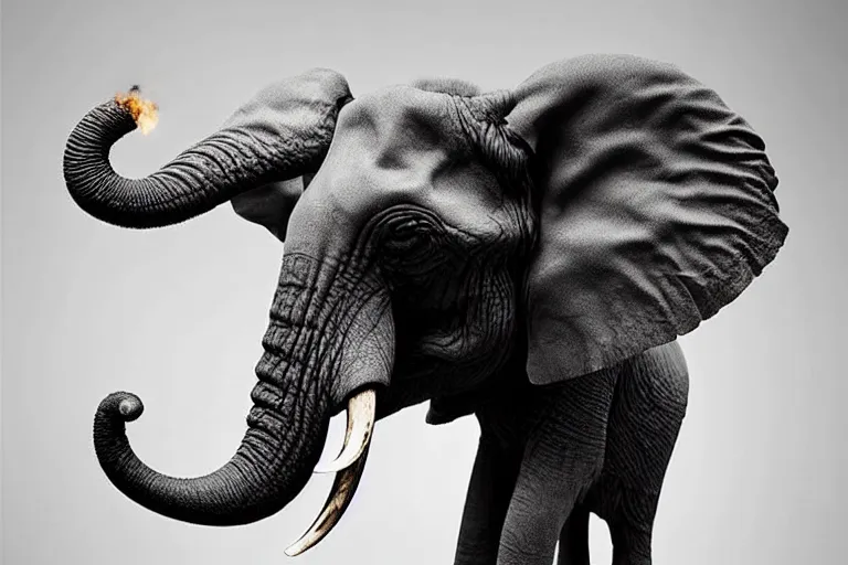 Prompt: ultra realistic photography, picture of ( subject : an elephant blowing smoke ). the scene is set in a gentlemens cigar lounge, a very smokey atmosphere, small thick clouds of cigar smoke, artstation, focus on the elephant, anatomically correct elephant features, extremely detailed and crisply sharp photo, hyperrealistic smoke, figma, sigma, 4 k