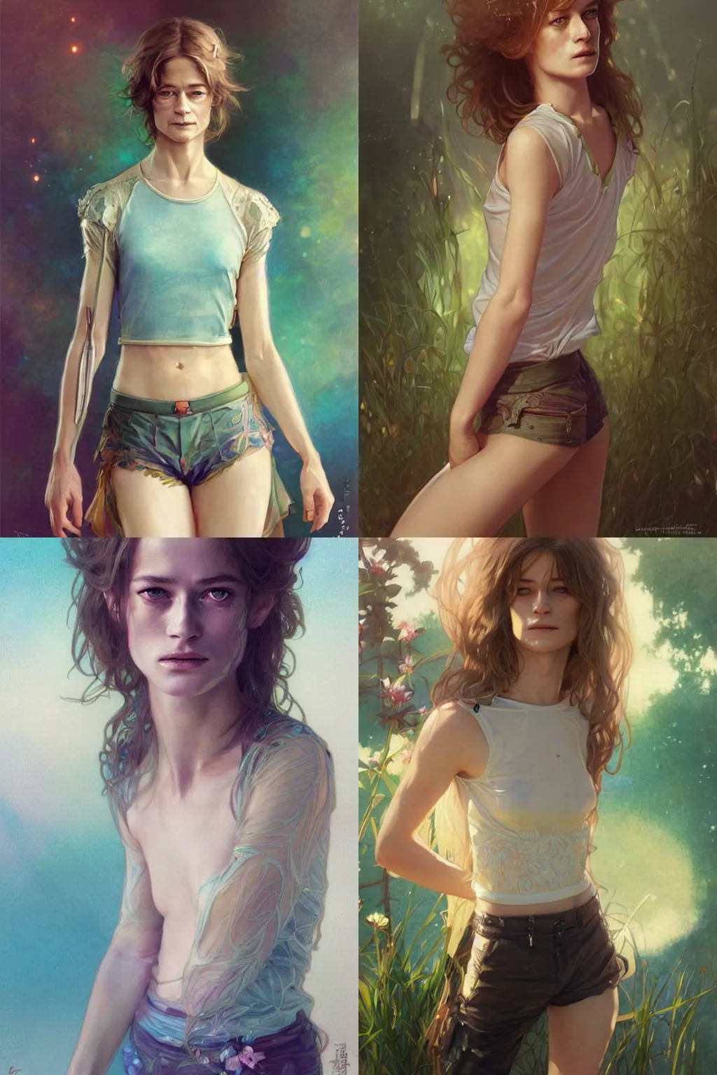 Prompt: beautiful very detailed portrait of !young charlotte rampling!, bioluminscent crop top and shorts, HYPER REALISTIC, by krenz cushart and mucha and trnyteal and ra-lilium