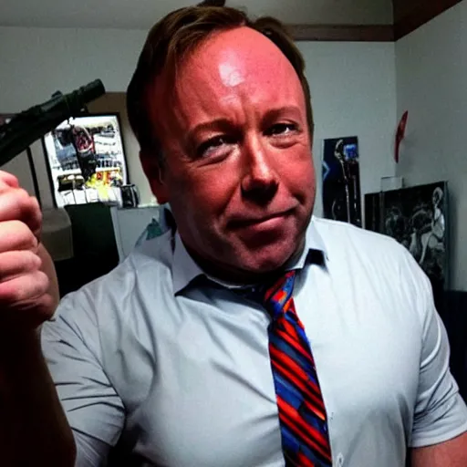 Prompt: alex jones proudly displaying his waifu body pillow in a room full of action figures
