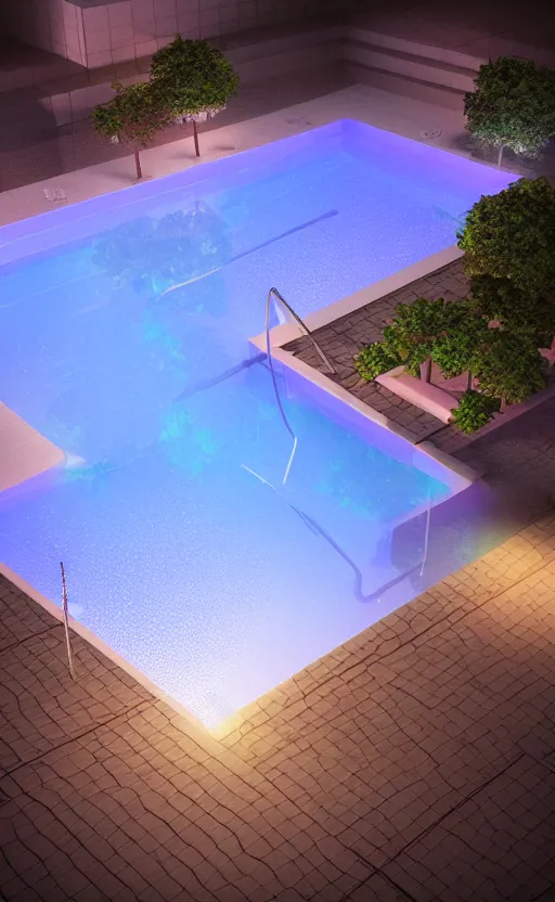 Prompt: swimming pool at night, soft render, volumetric lighting, 3d aesthetic grainy illustration, cgsociety