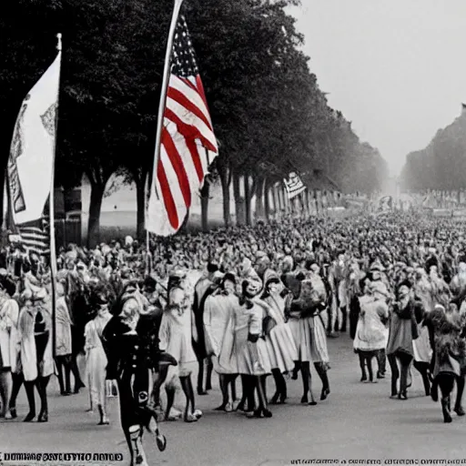 Image similar to Satanic States of America, alternate history, Satanic parade, 1940s, Pennsylvania Avenue, occult flags, goth crowds, 1940s fashion