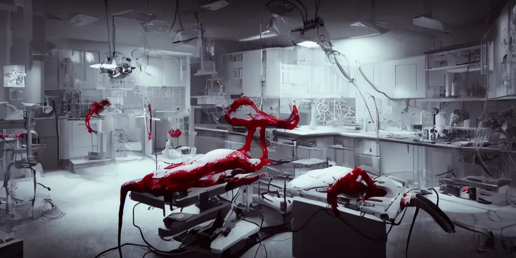 Prompt: High-tech white laboratory with horrible creature on the operating table, red panels with broken circuits, alarm lights, blood, horror, dark cinematic, volumetric, realistic, 3d render, Realistic Render, Cinematic lighting, Volumetric lighting, atmospheric, cinematic, unreal engine, unreal engine render, octane render, HD, photorealism, hyper realistic, photo, 8K, in the style of Chris Cunnigham, by Wes Anderson