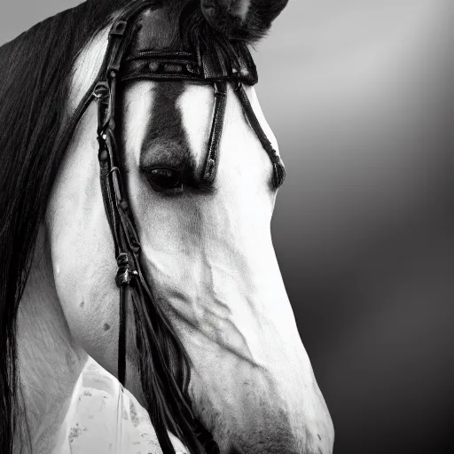 Prompt: a photo of horse with human face, gothic style, skulls are lying underneath