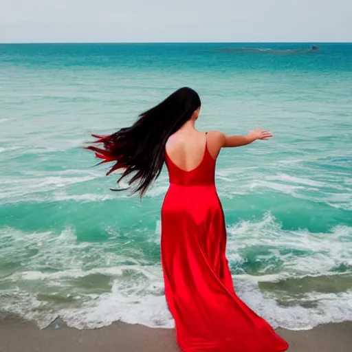 Prompt: woman with waving long hair, satin red dress, walking up to her waist in the ocean, back view, first person view