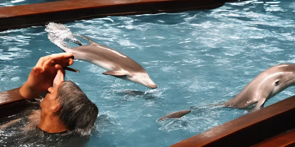 Image similar to photo of Yakuza dolphin in a onsen smoking a cigar