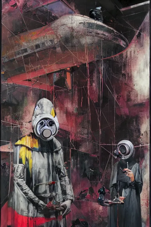 Prompt: two skinny old people wearing gas masks inside a brutalist designed space ship, gothic, rich deep colours, painted by francis bacon, adrian ghenie, james jean and petra cortright, highly detailed part by gerhard richter, part by takato yamamoto. 8 k masterpiece