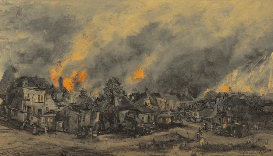 Prompt: hildenburg crash, fire, cloudy, night