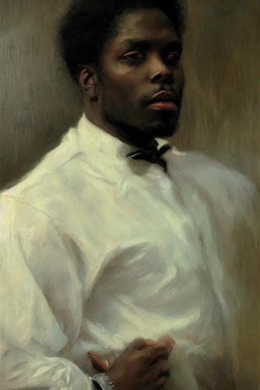 Image similar to portrait of a sophisticated black man in a pristine white dress shirt. his eyes are black pits of cosmic darkness. art by gaston bussiere.