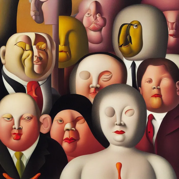 Image similar to group of people pictured in afternoon light, close - up of the faces, anatomically and proportionally correct, surrealist oil painting by botero, dora maar and rene magritte, detailed