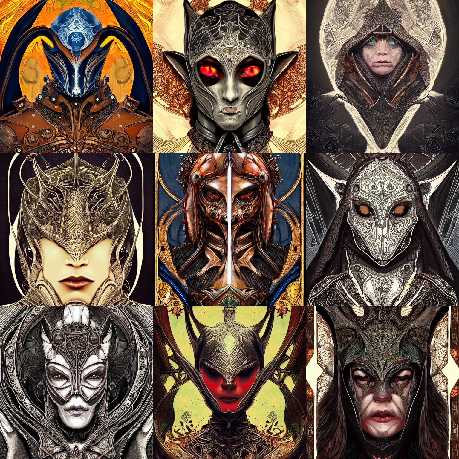 Prompt: head-on symmetrical centered painted portrait, goblin assassin, black leather armour, art nouveau, tarot card style, complex fractal tarot card background, fantasy, intricate, elegant, highly detailed, smooth, sharp focus, illustration, artstation, in the style of Artgerm and Anna Podedworna and Alex Ross and Mucha