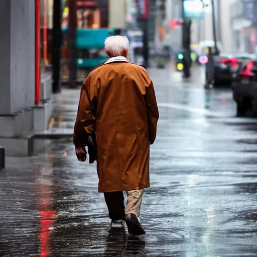 Image similar to an elderly man wearing a brown coat walks across the rainy streets of new york