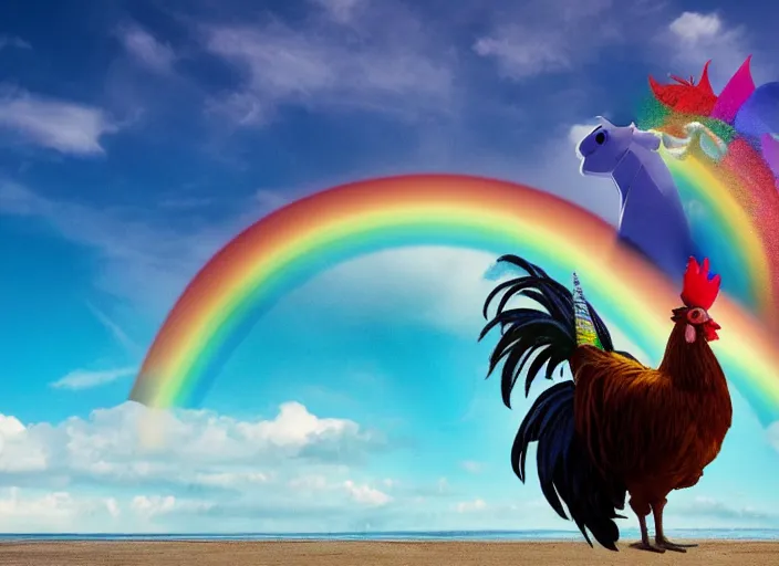 Image similar to A rooster wearing a fedora, standing on top of a unicorn at the beach, with rainbow in the sky
