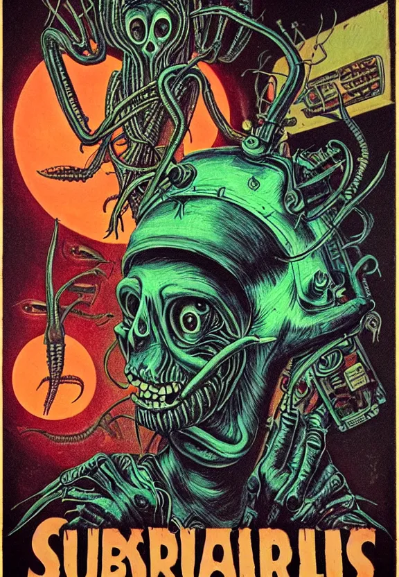 Image similar to subgenius, x - day, aliens, weird stuff, occult stuff, devil stuff, extreme detail, muted colors, bioluminescent glow, vintage, stained paper, hyperrealism, stage lighting