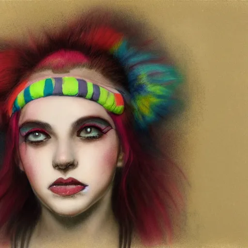 Prompt: clowncore pastel punk young female party goer wearing stylish headband. detailed, portrait, 8 k, artwork by jean - baptiste monge