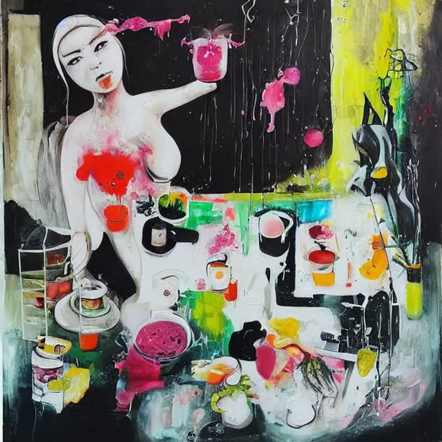 Image similar to “ a portrait in a female art student ’ s apartment, sensual, a pig theme, art supplies, paint tubes, ikebana, herbs, a candle dripping white wax, black walls, squashed berries, berry juice drips, acrylic and spray paint and oilstick on canvas, surrealism, neoexpressionism ”