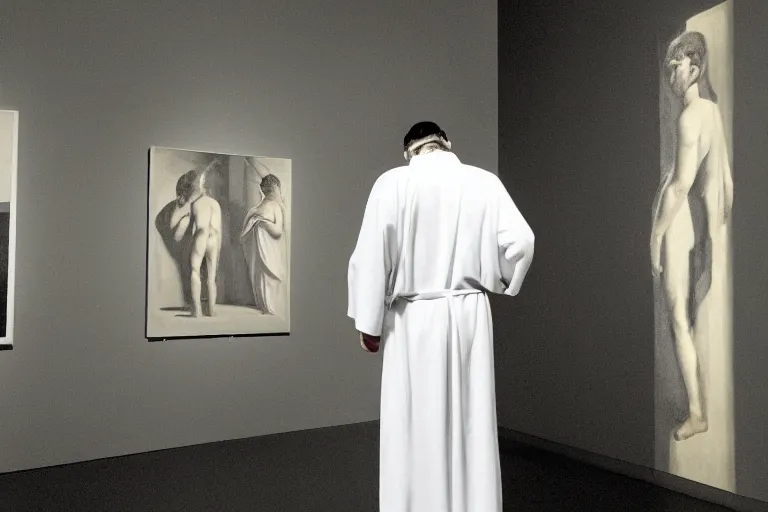 Image similar to back view of a man wearing white modern robe standing in front of the painting in the minimalist liminal art gallery, retrofuturism, symmetry, highly detailed, very sharp details, modern sci - fi movie, by piranesi and giger