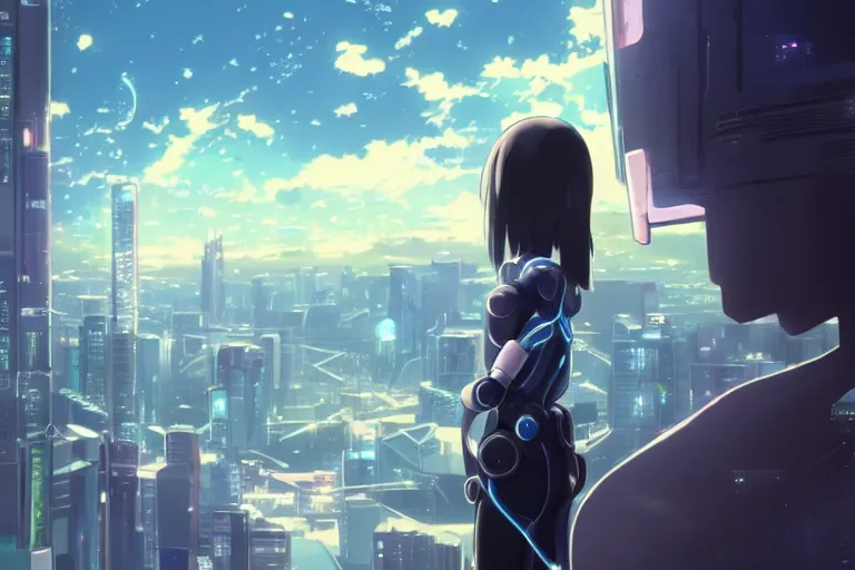 Prompt: makoto shinkai. robotic android girl. futuristic cyberpunk. dystopia. vibrant nebula sky. du