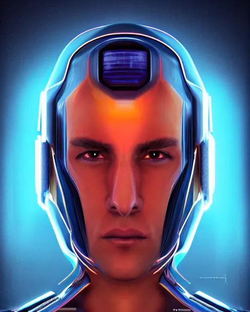 Image similar to portrait of a handsome symmetric beautiful futuristic sci - fi cyberpunk cyborg, desert oasis background, ultra realistic, highly detailed, hd, sharp focus, cinematic lighting, realistic, photorealistic, vivid colors, painting, photograph, digital art, non blurry, sharp, artstation, concept art, smooth, illustration