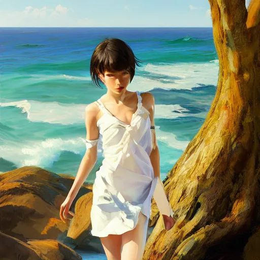 Image similar to oil painting by ilya kuvshinov,, baugh casey, artgerm craig mullins, coby whitmore, of a youthful japanese girl, long hair, wet sundress walking along the coast, highly detailed, breathtaking face, studio photography, noon, intense bounced light, water reflection, large tree casting shadow, serine intense sunlight in the style of zack snyder